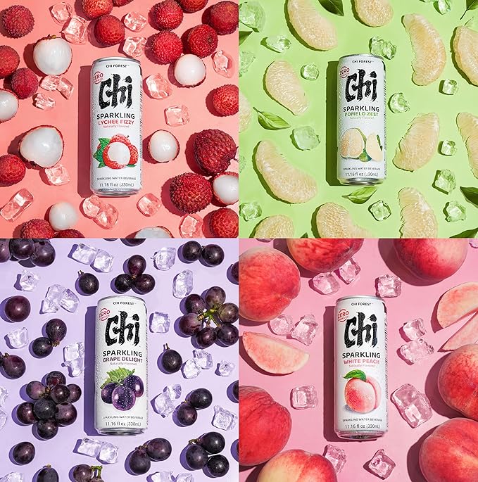 CHI FOREST Sparkling Water Beverage, 4 Flavors Variety Pack, Zero Sugar, 11.16 fl oz Cans (Pack of 24)