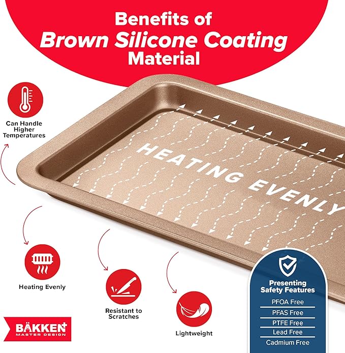 BAKKEN 3-Piece Kitchen Baking Pans - Small, Medium, and Large Cookie Pan, With Nonstick Coating, Stackable and Space-saving Design, PFOA, PFOS, PTFE Free, Oven Safe Tray (Up To 450°F), Brown