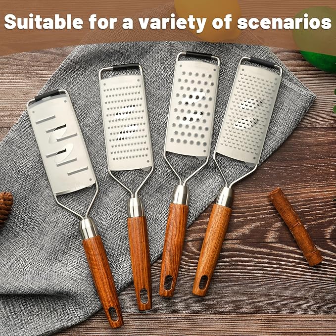 SHIKORI Stainless Steel Cheese Grater with Natural Wood Handle for Parmesan Cheese Lemon, Ginger, Cheese, Nutmeg, Potato, Chocolate and Garlic, With Protective Cover-Round Hole
