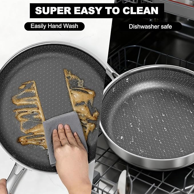 imarku Non Stick Frying Pans, 12" Stainless Steel Pan, Hybrid Skillet with Lid, Deep Larger Saute Pan, Dishwasher & Oven Safe, Induction Compatible Cooking Pan, PFOA Free