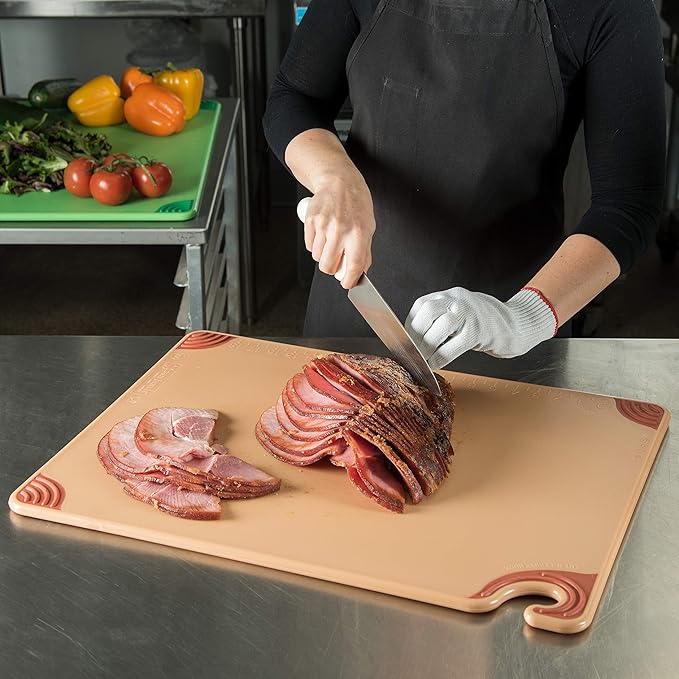 San Jamar Saf-T-Grip Plastic Cutting Board with Safety Hook, 18" x 24" x 0.5", Brown