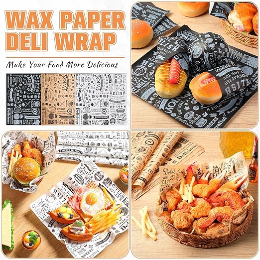 Outus 600 Pcs 12 x 12 Inch Deli Wax Paper Sheets Grease Resistant Tray Basket Liners Newsprint Paper Water and Grease Proof Sandwich Wrapping Square Hot Dog Wrapper for Food (White,Black,Brown)