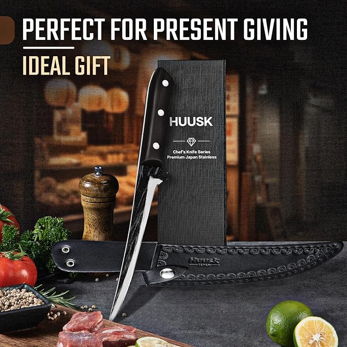 Huusk Fish Fillet Knife with Sheath - Hand Forged 7 Inch Boning Knives for Meat Trimming, Japanese Brisket Trimming Knives with Wooden Handle for Outdoor Camping, Gift for Men