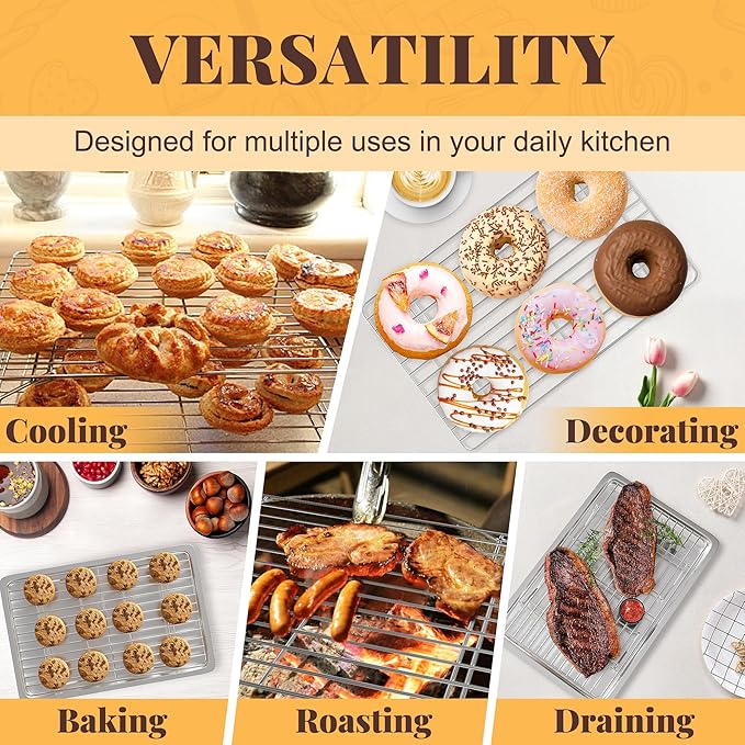 Cooling Racks for Cooking and Baking - 3 Tier Stackable Grid Wire Baking Rack for Oven Cooking, Baking, Grilling, Roasting - Dishwasher Safe Bacon Rack - Silver
