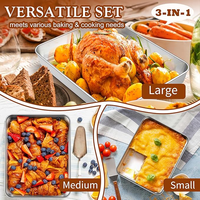 TeamFar Baking Pans Set of 3, Stainless Steel Deep Cookie Cake Pan for Home Baking, 12.5/10.5/9.4” Rectangle Bakeware Set for Bread/Casserole/Lasagna, Healthy & Sturdy, Dishwasher Safe