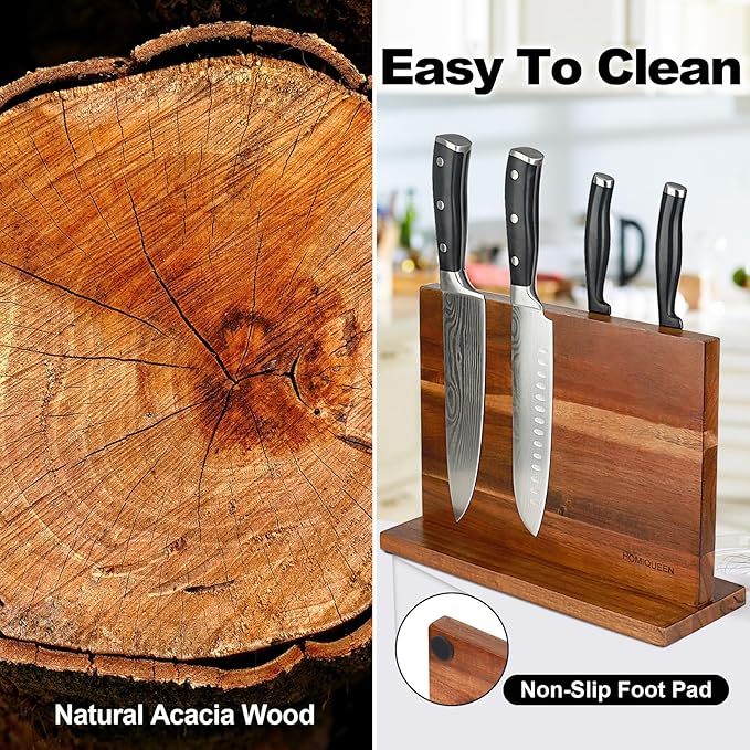 Magnetic Knife Block Double Sided Magnetic Knife Holder Rack with Strong Enhanced Magnets Acacia Wood Magnetic Knife Storage Stand