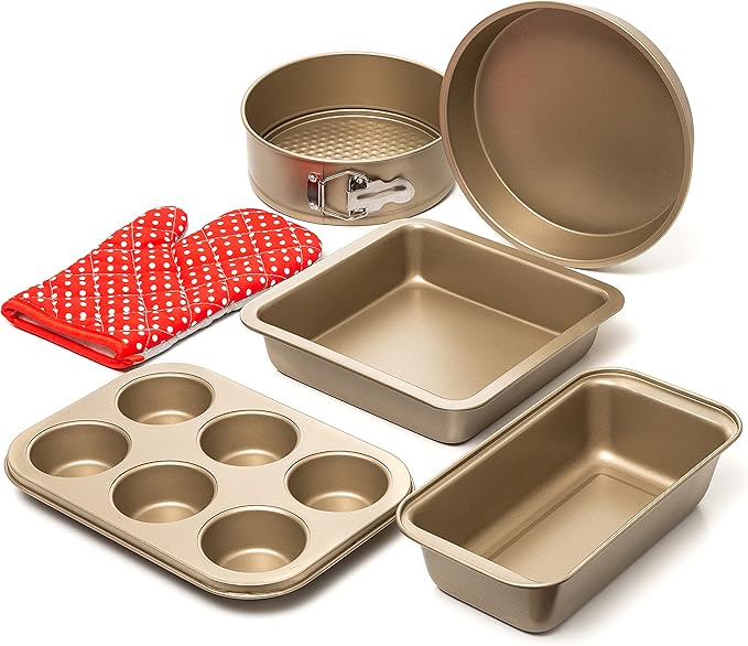 Moss & Stone 5 Piece Baking Pans Set, Carbon Steel Non-Stick PTFE Coating Oven Safe Baking Sheet Set, Bakeware Set With Heat Red Glove, Cookie Sheets For Baking Nonstick Set