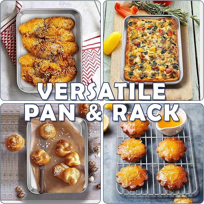 9 Inch Baking Sheet Pan with Rack Set, Joyfair Stainless Steel Toaster Oven Pans Tray & Cooling Racks for Cookie/Jelly Roll/Bacon/Meat, Commercial Metal & Rust-free, Dishwasher Safe
