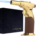 Dual Flame Butane Torch Gun - Refillable Luxury Hand Held Mini Blow Torch for Cooking, Creme Brulee, Soldering, Welding, & Resin Art - Adjustable Flame with Ignition Lock - Gold Brown by inZaynity