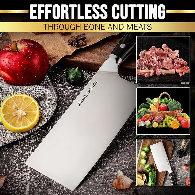 Slice Series 7-Inch Cleaver Knife – High Carbon German Steel Blade with Ergonomic Pakkawood Handle, with Options of Durable Polymer and Premium Leather Sheaths (Cleaver Knife)