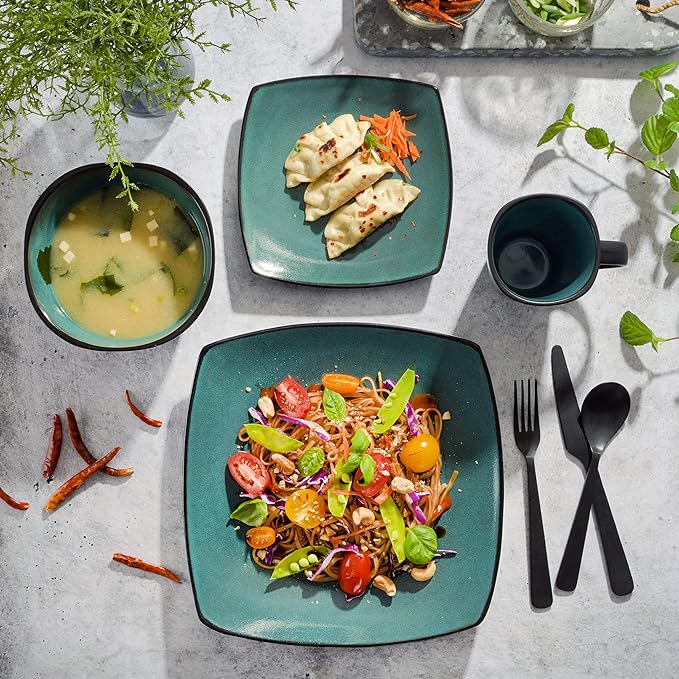 Gibson Elite Soho Lounge 16-Piece Reactive Glaze Dinnerware Set, Teal/Black Two-Tone