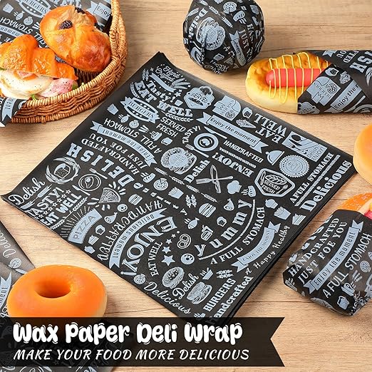 Outus 600 Pcs 12 x 12 Inch Deli Wax Paper Sheets Grease Resistant Tray Basket Liners Newsprint Paper Water and Grease Proof Sandwich Wrapping Square Hot Dog Wrappers for Food Baking (Black)