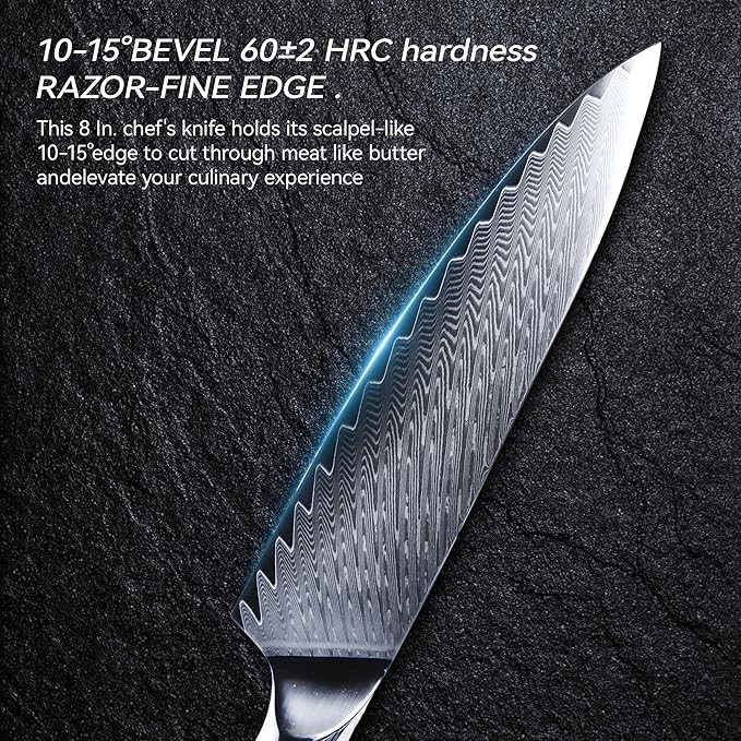 8" Chef's Knife, Japanese Damascus Chefs Knife 67 Layers High Carbon VG10 Steel Core with Wood Ergonomic Handle, Gift Box