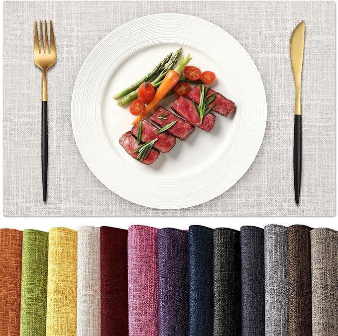 KXN Placemats Set of 4, Dual-Layer Thickened Faux Linen Table Mats, Heat Resistant & Wrinkle-Free, Machine Washable Cloth Place Mats for Kitchen Dining Indoor Outdoor (Cream Beige)