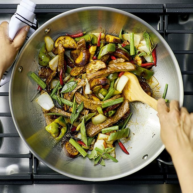 KitchenAid 5-Ply Clad Polished Stainless Steel Wok, Induction Compatible, Dishwasher Safe, 15 Inch Open Stir-Fry Pan