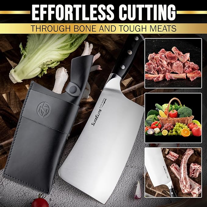 SliceElite Slice Series 7 Inch Bone Cutting knife High Carbon German Steel Blade Pakkawood Handle Dual Sheath Cleaver Chopper Butcher Tool Heavy Duty Kitchen Meat Slicer Vegetable Sharp Gift BBQ Chef