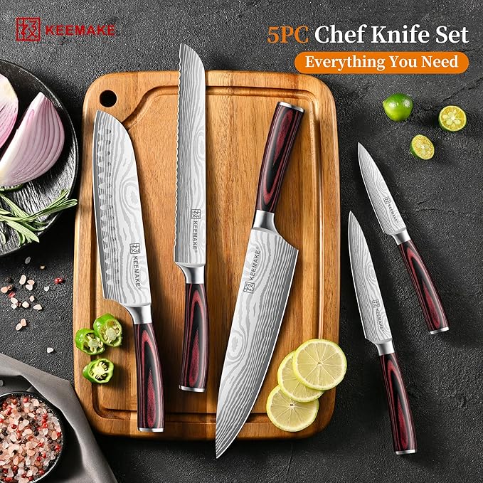 KEEMAKE Knife Set 5 Pieces, Professional Kitchen Knife Set, High Carbon Stainless Steel Chef Knife Set, Ultra Sharp Blade Knives Set for Kitchen with Ergonomic Pakkawood Handle & Gift Box