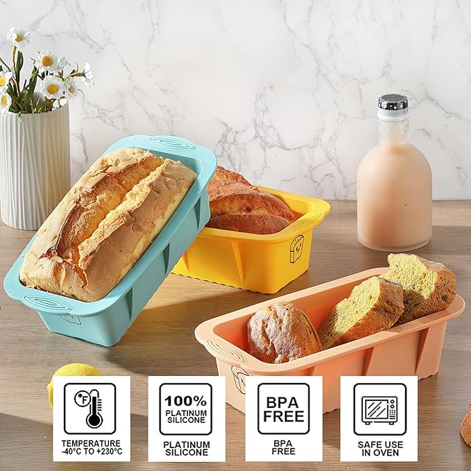 Silicone Bread Loaf Pan, 3 PCS Silicone Loaf Pans for Baking, Non Stick Bread Pans for Homemade Bread, Brownies, Cakes, Dishwasher Safe (3 Colors, Nesting Design)