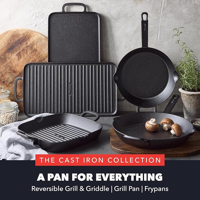 GreenPan x Bobby Flay 2 Piece Set (Includes 8”, 10”) Cast Iron Skillet, Pre-Seasoned PFAS-Free Frying Pan, Pour Spouts, Induction Compatible, Oven, Grill, Indoor/Outdoor, Durable, Black