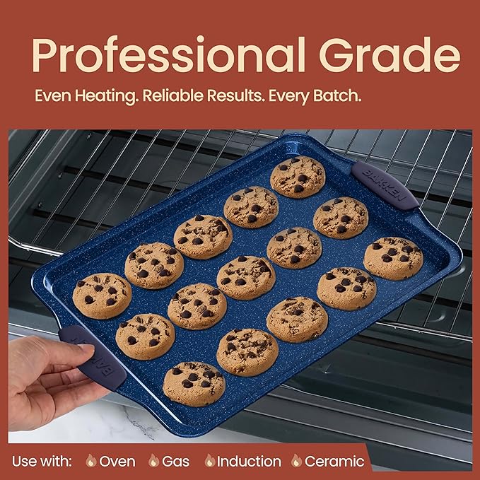 BAKKEN Kitchen Baking Pan Set - Nonstick Coating, Carbon Steel Bakeware Sets with Blue Silicone Handles, Baking Kitchen Essentials, PFOA, PFOS, PTFE Free, Oven Safe Tray (Up To 450° F), Set of 18