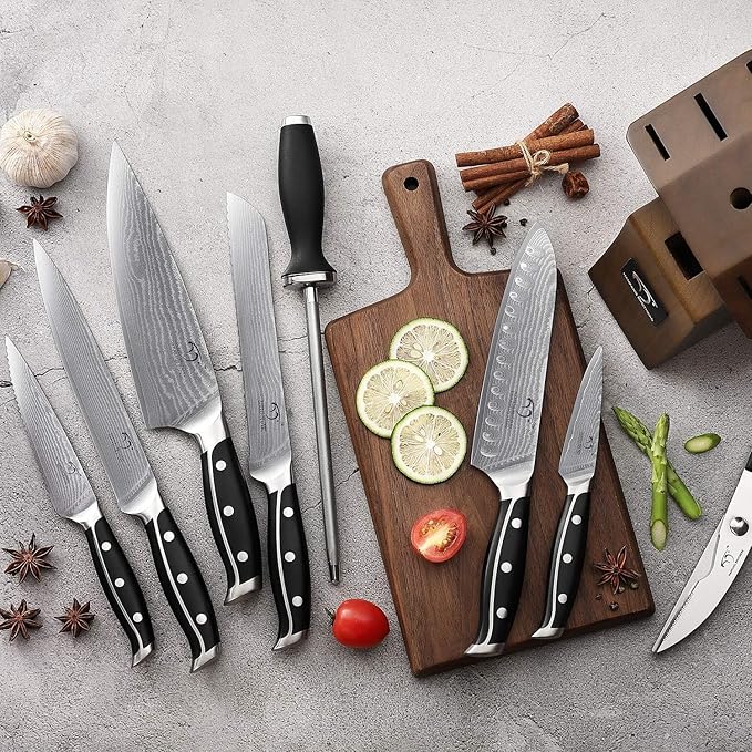 Damascus Knife Set with Block – 9-Piece VG10 67-Layer High Carbon Steel Kitchen Knives, Triple-Riveted Pakkawood Handles, Chef, Santoku, Utility, Bread & Paring Knives, Sharpener & Shears