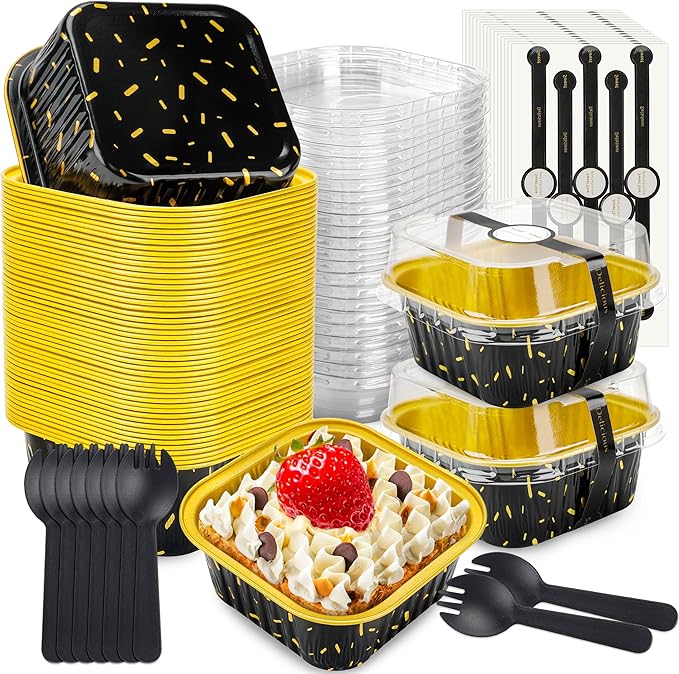 50 Pack Mini Cake Pans with Lids and Spoons Aluminum Foil Pans Square Cake Tins for Bakery Party Wedding (Black Gold Spot,5 oz)