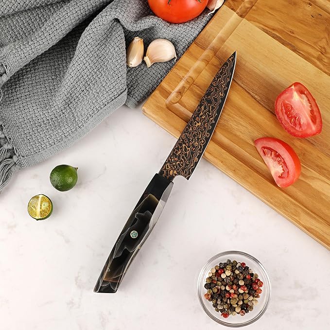 Seido Knives Kurogane 5" Petty Knife – Hand-Forged Japanese Utility Knife with VG-10 Core & 37-Layer Damascus Steel, G10 Copper Handle