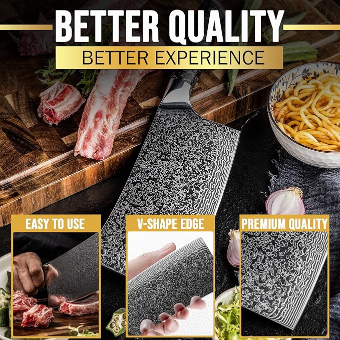 SliceElite Elite Series 7-Inch Damascus Bone Cutting Knife – VG10 Steel Blade with Forged Carbon Fiber Handle Infused with Gold Leaf, Sheaths Option (Bone Cutting Knife with Leather Sheath)