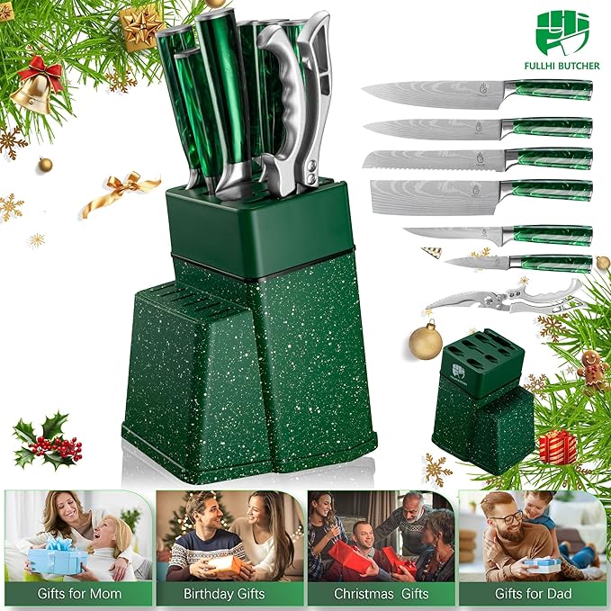 FULLHI 8pcs block Knife Set,chef's Knves Set with Block and Sharpener, Kitchen Knife Set,Multi-colour Handle, Gifts for Men Women