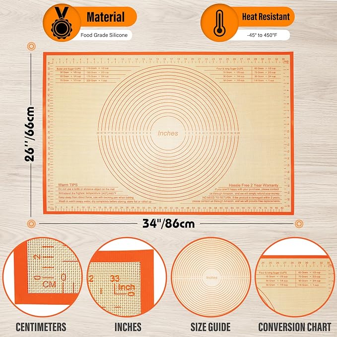 Extra Large Silicone Pastry Mat 34x26 Inch - Nonstick Baking Mat with Measurements, Perfect for Doug Rolling, Pastry, Pie Crust, Fondant, Pasta, Pizza