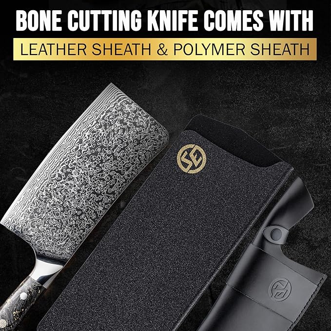 SliceElite Elite Series 7-Inch Damascus Bone Cutting Knife – VG10 Steel Blade with Forged Carbon Fiber Handle Infused with Gold Leaf, Sheaths Option (Bone Cutting Knife with Leather Sheath)