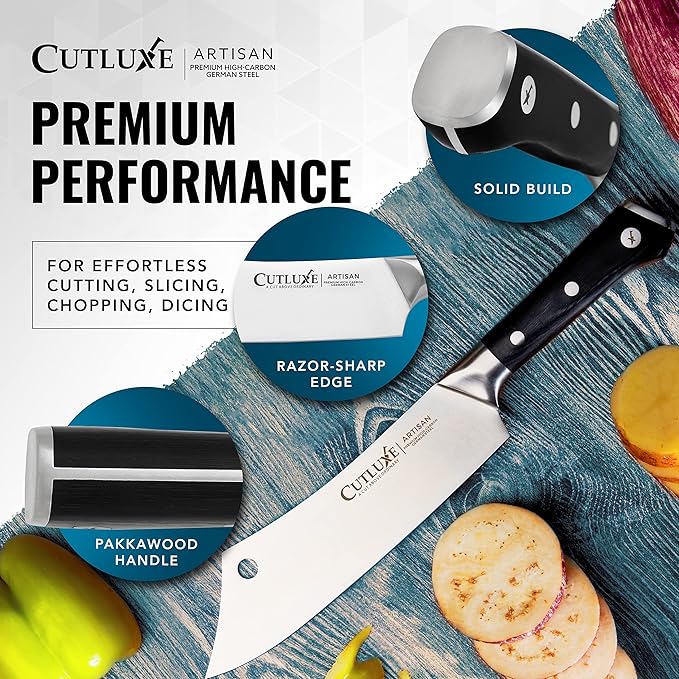 Cutluxe Cleaver Chef Knife – 8" Meat Cleaver Butcher Knife – German Steel Blade, Full Tang, Ergonomic Handle Design – Artisan Series