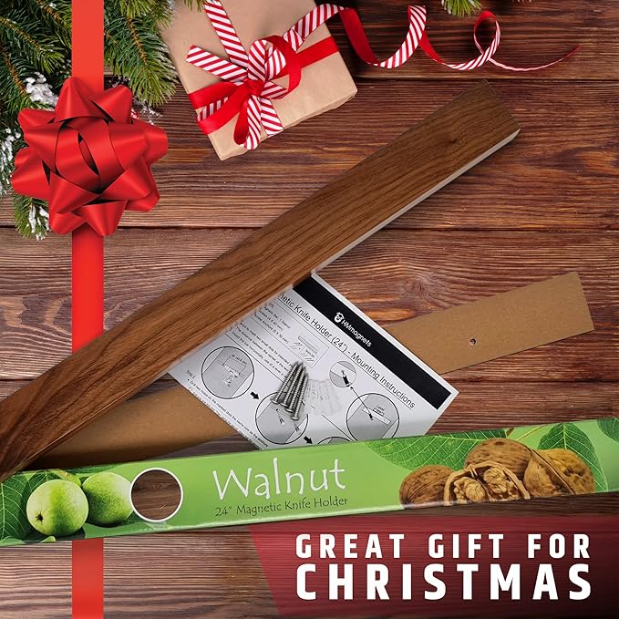 Premium 24 Inch (Large Size) Dark Walnut Wood Magnetic Knife Holder – Professional Wooden Magnetic Knife Strip - Space-Saving Knife Rack/Knife Bar With Powerful Magnetic Pull Force (Upgraded Version)