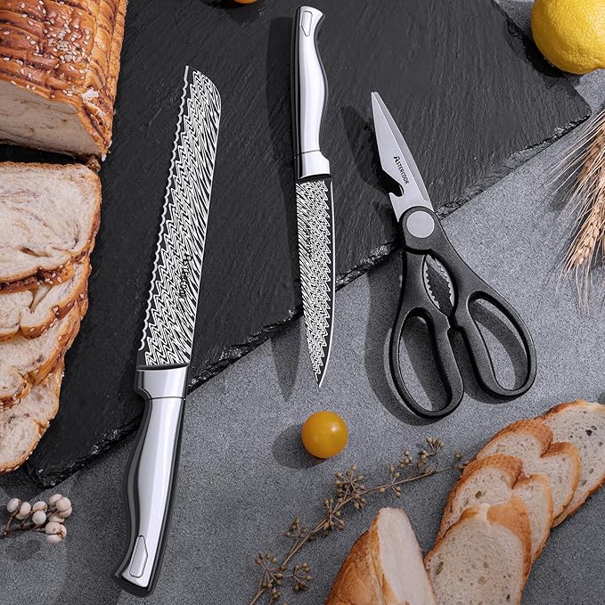 Knife Set, Astercook 15 Pieces Kitchen Knife Set with Built-in Sharpener, German Stainless Steel Knife Block Set, Razor-Sharp Knives with Full-tang Handle, Dishwasher Safe, Silver