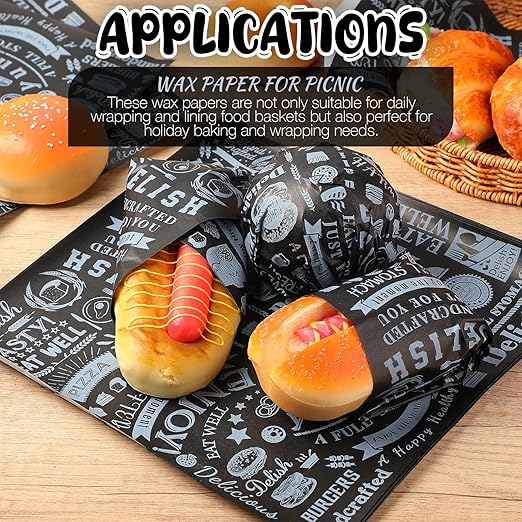 Outus 600 Pcs 12 x 12 Inch Deli Wax Paper Sheets Grease Resistant Tray Basket Liners Newsprint Paper Water and Grease Proof Sandwich Wrapping Square Hot Dog Wrappers for Food Baking (Black)