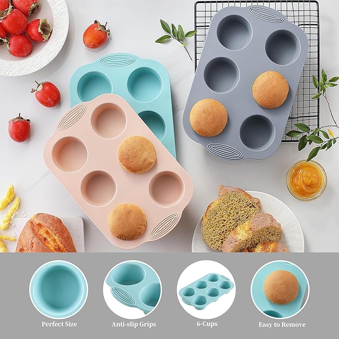 Silicone Muffin Pan, Food Grade Silicone Cupcake Molds for Baking Muffins and Cupcakes, 6-Cup Nonstick Cupcake Pan, Easy Cleaning and BPA-Free (Gray, Orange, Blue)