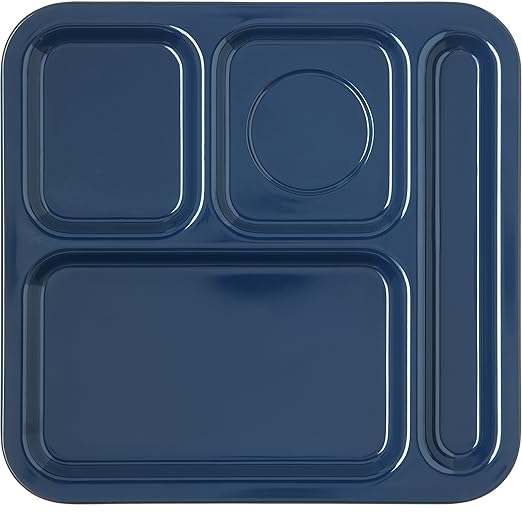 Carlisle FoodService Products Plastic Food Tray, Right-Hand 4-Compartment Tray for Schools, Dining Halls, and restaurants, Melamine, 10 x 9.75 Inches, Blue