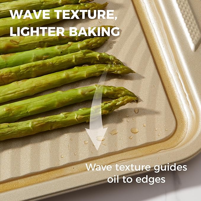 HONGBAKE 9-Piece Baking Pans Set with Wave Texture, 0.8mm Thick Bakeware Sets Non Stick, Includes Stackable Cookie Sheets for Oven Cooking, Cake Pan, Muffin Pan, Loaf Pan, Roasting Pan, Rack, Gold