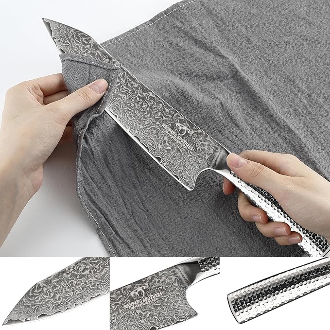 Damascus Kitchen Knife Set with Block, 4 Pieces Knife Block Set with Hammered Patterns Ergonomic Handles, 67 Layer Handmade Damascus VG10 Steel Core NF-D0519T-4B