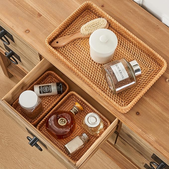 Rattan Tray Set of 3, Rectangular Woven Wicker Tray, Natural Wicker Rattan Serving Baskets for Table Kitchen Bathroom Counter Organizing