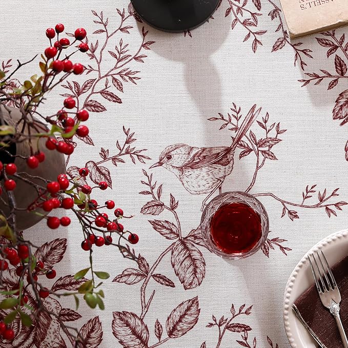 ISAENNE Designer Vintage Linen Rectangular Tablecloth,Red Floral Pattern Linen Stain Resistant Table Cloth,Decor Tablecloths for Dining Thanksgiving Kitchen Tea Party,55"*87"-Harmony