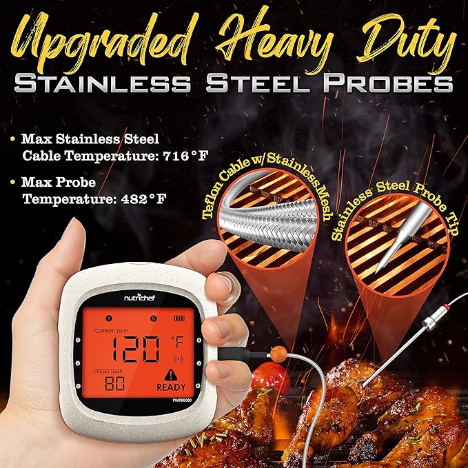 Nutrichef Bluetooth Meat Thermometer for Grilling and Smoking with 6 Wireless Meat Probes, 6 Channels with LCD Display
