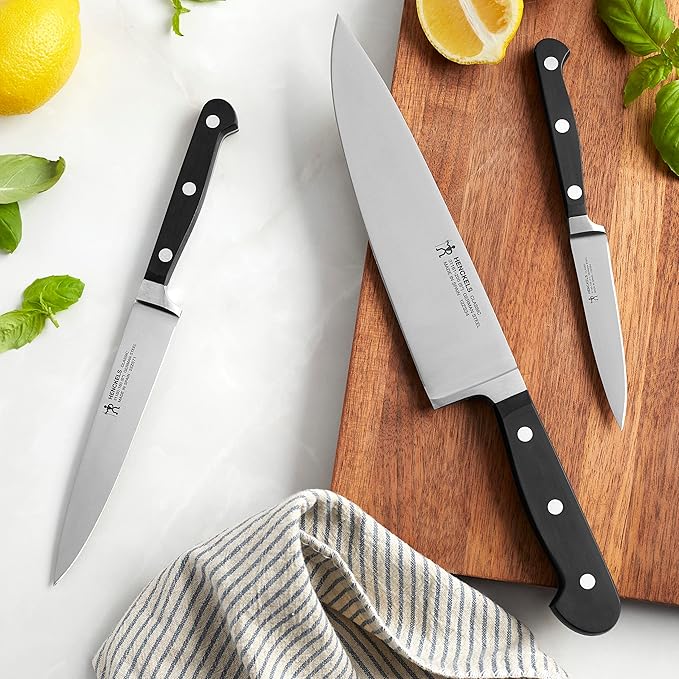 HENCKELS Classic Razor-Sharp 3-Piece Kitchen Knife Set, Chef Knife, Paring Knife, Utility Knife, German Engineered Informed by 100+ Years of Mastery, Stainless Steel