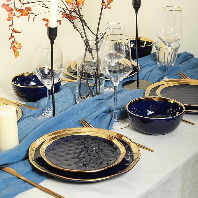 Stone Lain Porcelain 16 Piece Dinnerware Set, Service for 4, Blue and Golden Rim, Dark Blue