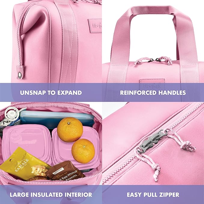 Fit & Fresh Remi Neoprene Lunch Bag For Women - Meal Prep Kit with Containers & XL Ice Pack, Self Insulating Neoprene-like Material, Machine Washable Lunch Bag, Tear-Resistant, Stain-Resistant, Pink