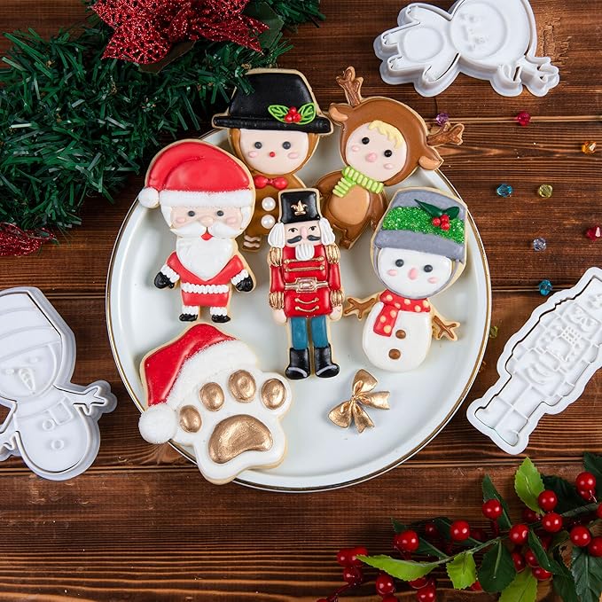 Flycalf Christmas Cookie Cutters Nutcracker Shapes with 3D Stamper Fall Holiday PLA Baking Accessories Cutter Molds Gifts for Kids Decorative Party 3" Kitchen Cake Supplies