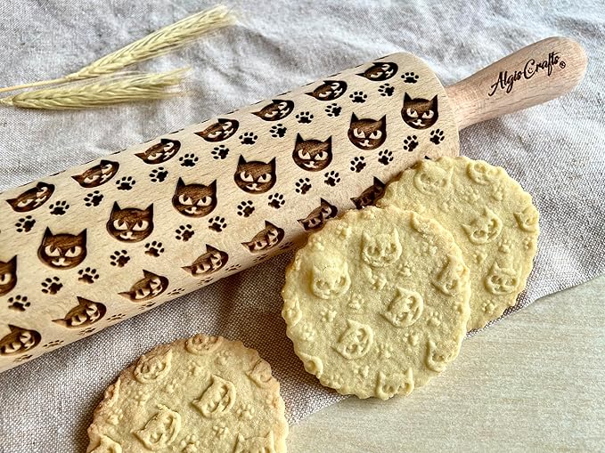 PUSSY CAT EMBOSSING ROLLING PIN ENGRAVED with CAT PAW for EMBOSSED COOKIES or PASTA KITTY CATS