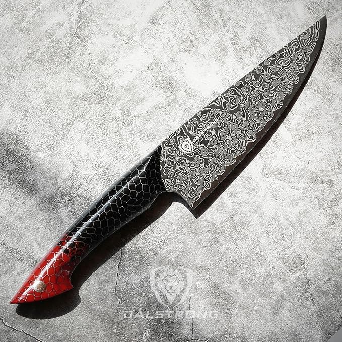 Dalstrong 8 in Chef Knife - Scorpion Series - Exclusive Japanese V12 Ultra™ Steel - Black Damascus - Black & Red Honeycomb Resin Handle - w/ 8 inch chef knife sheath