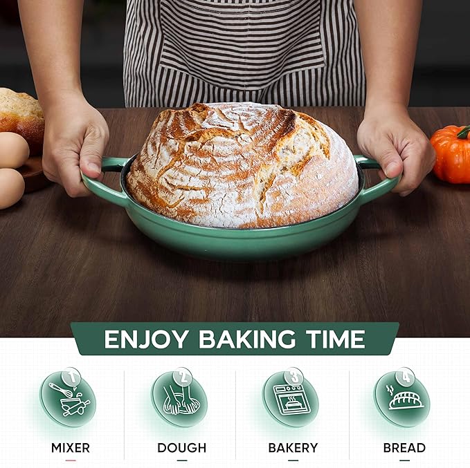 E-far Dutch Oven for Sourdough Bread Baking, 6 Qt Round Enameled Cast Iron Dutch Oven for Homemade Artisan Bread, Dome Lid & Shallow Base, Matte Black Interior & Durable, Oven-Safe to 500℉, Dark Green