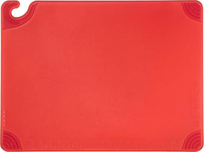 San Jamar Saf-T-Grip Plastic Cutting Board with Safety Hook, 18" x 24" x 0.5", Red